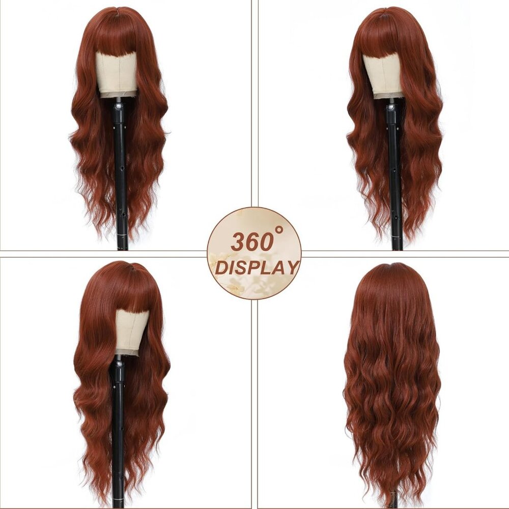 Auburn Wig with Bangs for Women Long Wavy Wigs 26 Inch Auburn Wigs Natural Looki - Picture 3 of 6